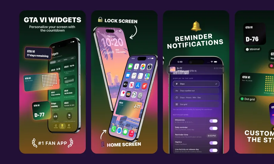 Captures App Store de GTA VI Countdown : widgets, écran verrouillé, notifications