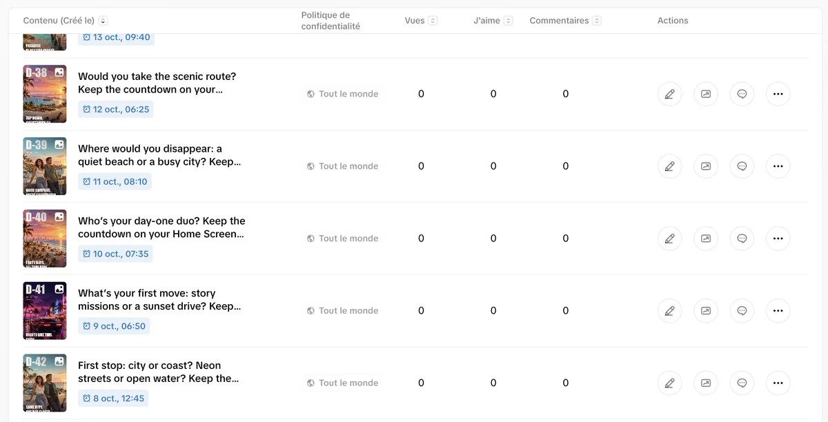 Publications TikTok programmées : un visuel de compte à rebours par jour, de J-42 à J-38